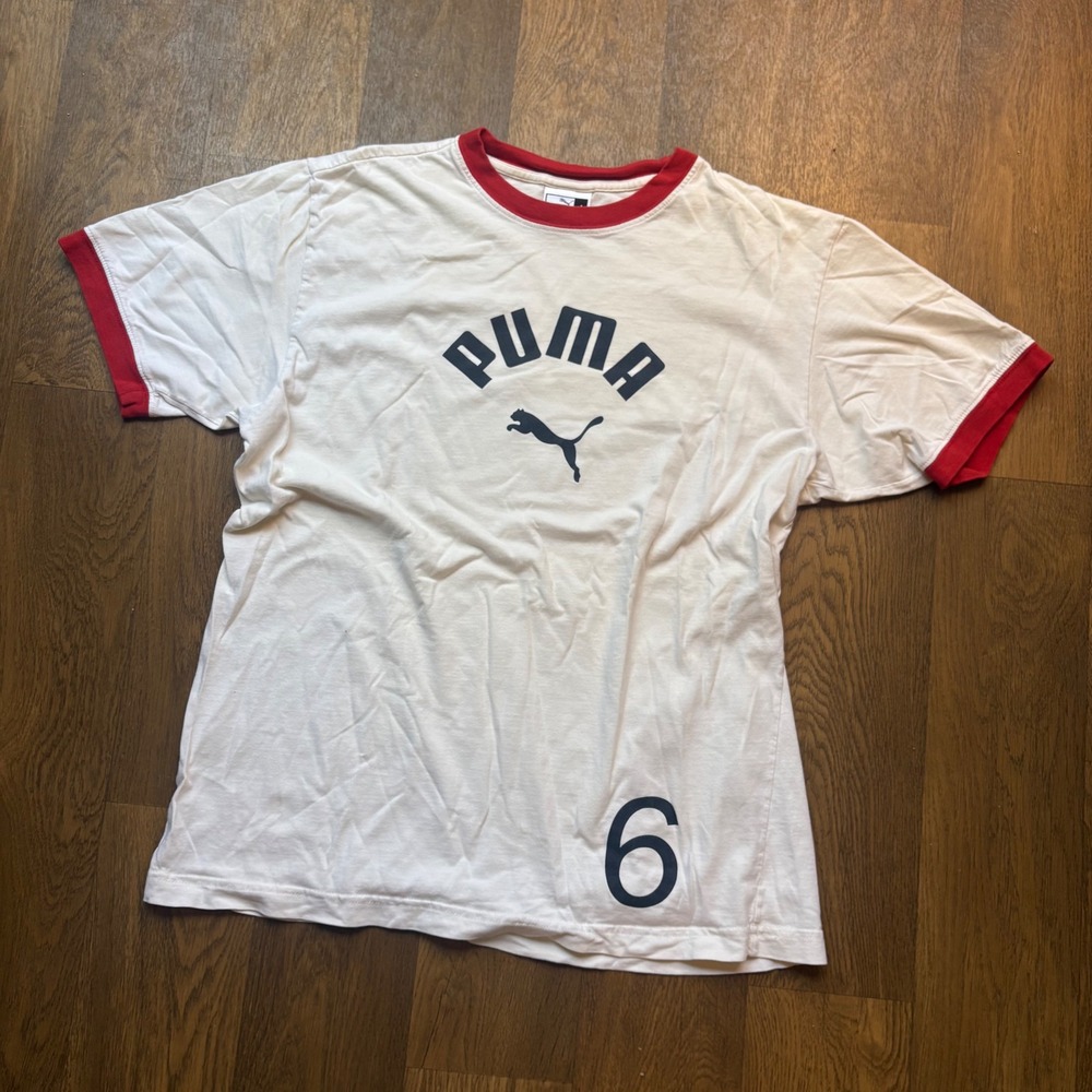 Vintage Y2K Sportswear Puma Logo Number 6 Ringer Two Tone Graphic T Shirt